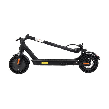 Zložen električni skiro Urbanride 100xs, ki prikazuje svojo elegantno črno obliko in kompaktno zasnovo.