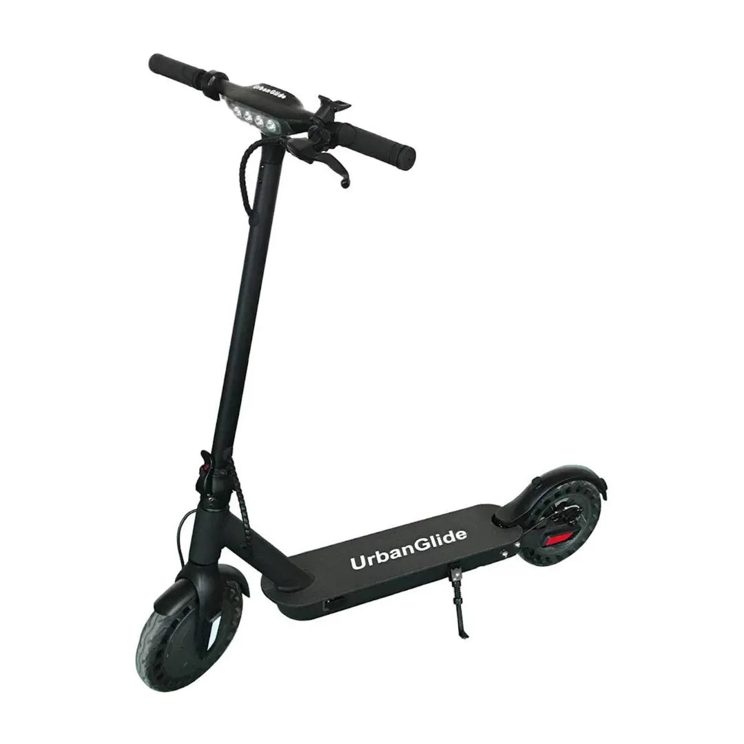 Električni skiro Urbanride 100xs: eleganten črn dizajn s trdnim okvirjem in velikimi kolesi.