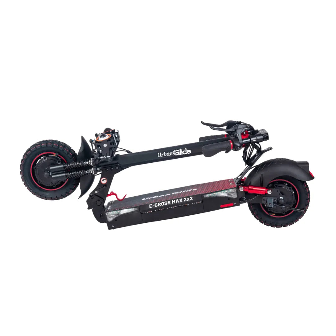 Zložljiv električni skiro Urbanride E Cross Max 2x2 v črno-rdeči barvi, ki prikazuje njegovo kompaktno obliko.