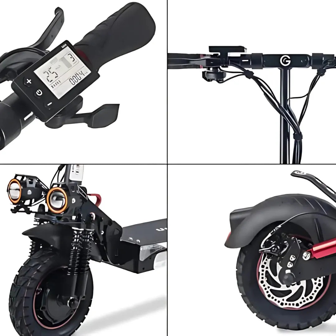 Od blizu električni skiro Urbanride E Cross Max 2x2: krmilo, kolesa in zaslon.