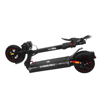 Zložljiv električni skiro Urbanride E Cross Pro 2 s črnim okvirjem in rdečimi poudarki.
