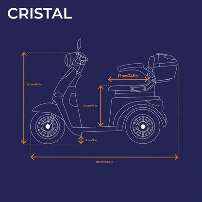 Diagram električnega mobilnega vozička Veleco Cristal z dimenzijami in podrobnostmi o dizajnu.