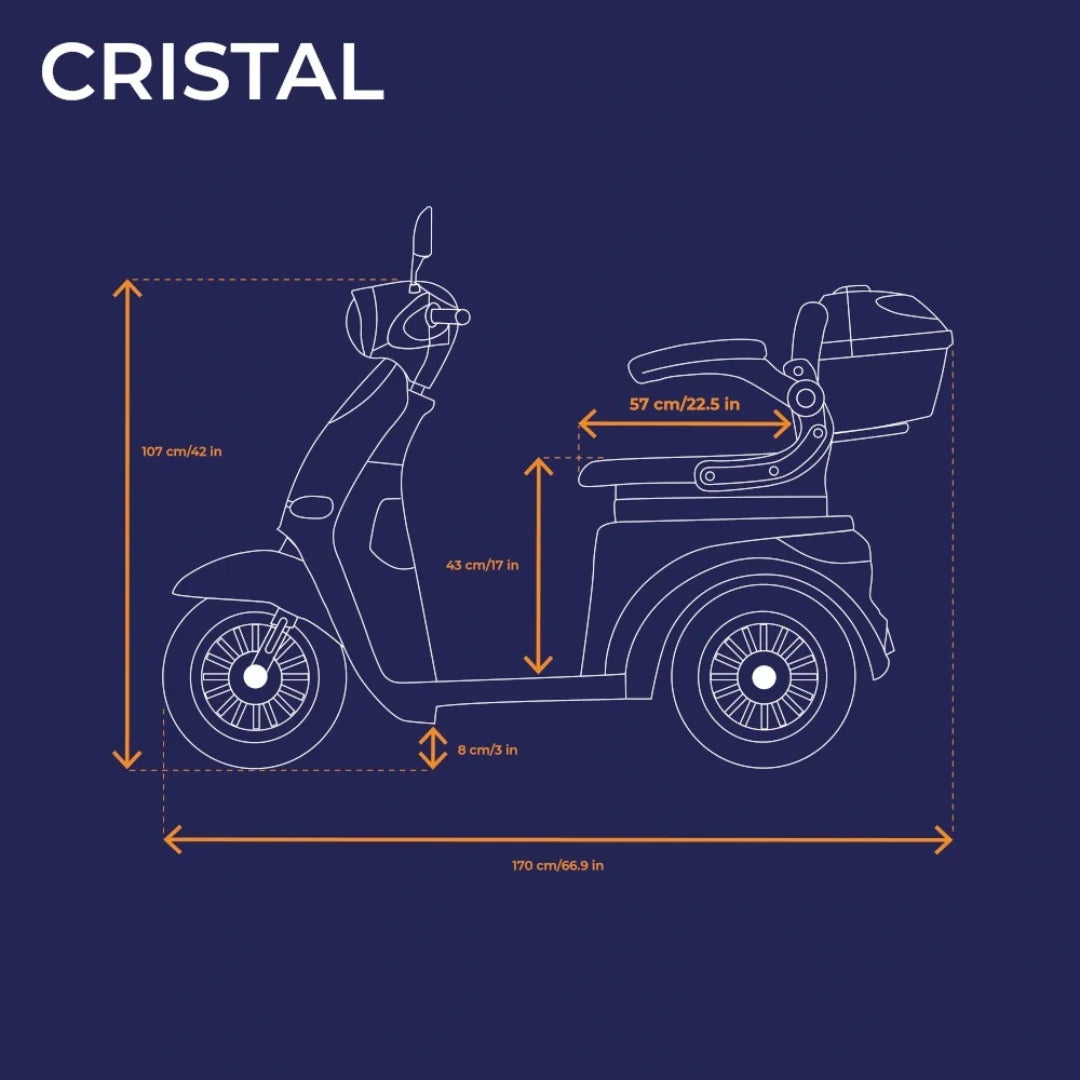 Izdelek je električni skuter, znamke Veleco, model Cristal. Na sliki je prikazana tehnična risba skuterja s prikazanimi dimenzijami, vključno z višino, širino in dolžino. Skuter ima tri kolesa in prostor za shranjevanje, kar nakazuje na udobno vožnjo.
