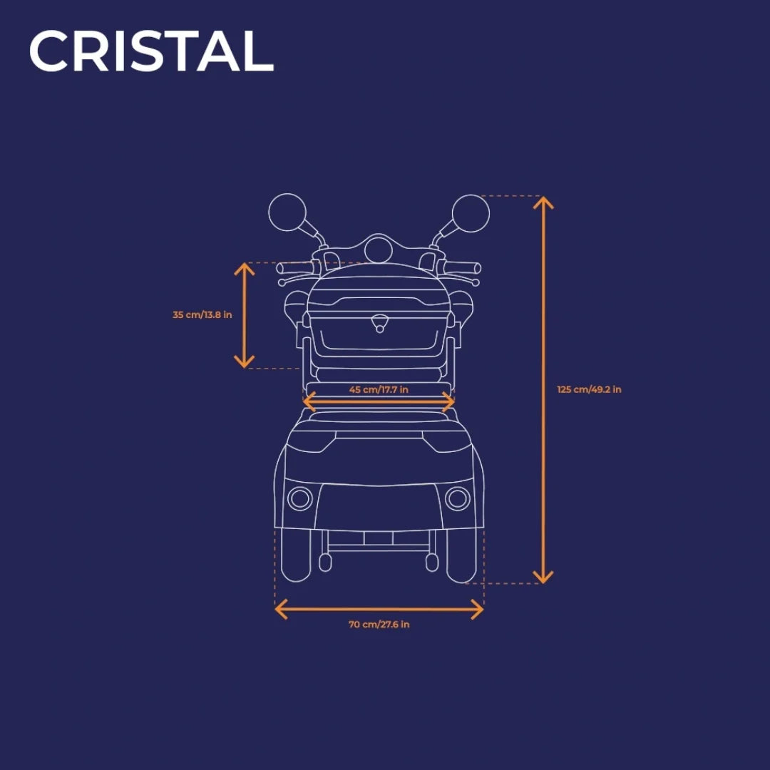 Izdelek je električni skuter, znamke Veleco, model Cristal. Na sliki je prikazan načrt skuterja s podrobnimi dimenzijami, ki vključujejo višino, širino in dolžino. Oznake dimenzij so jasno vidne in omogočajo enostavno razumevanje velikosti vozila.