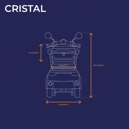 Izdelek je električni skuter, znamke Veleco, model Cristal. Na sliki je prikazan načrt skuterja s podrobnimi dimenzijami, ki vključujejo višino, širino in dolžino. Oznake dimenzij so jasno vidne in omogočajo enostavno razumevanje velikosti vozila.