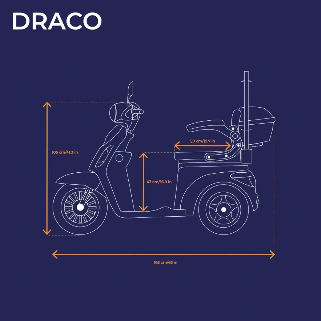 Diagram električnega mobilnega vozička Veleco Draco z označenimi dimenzijami in funkcijami.