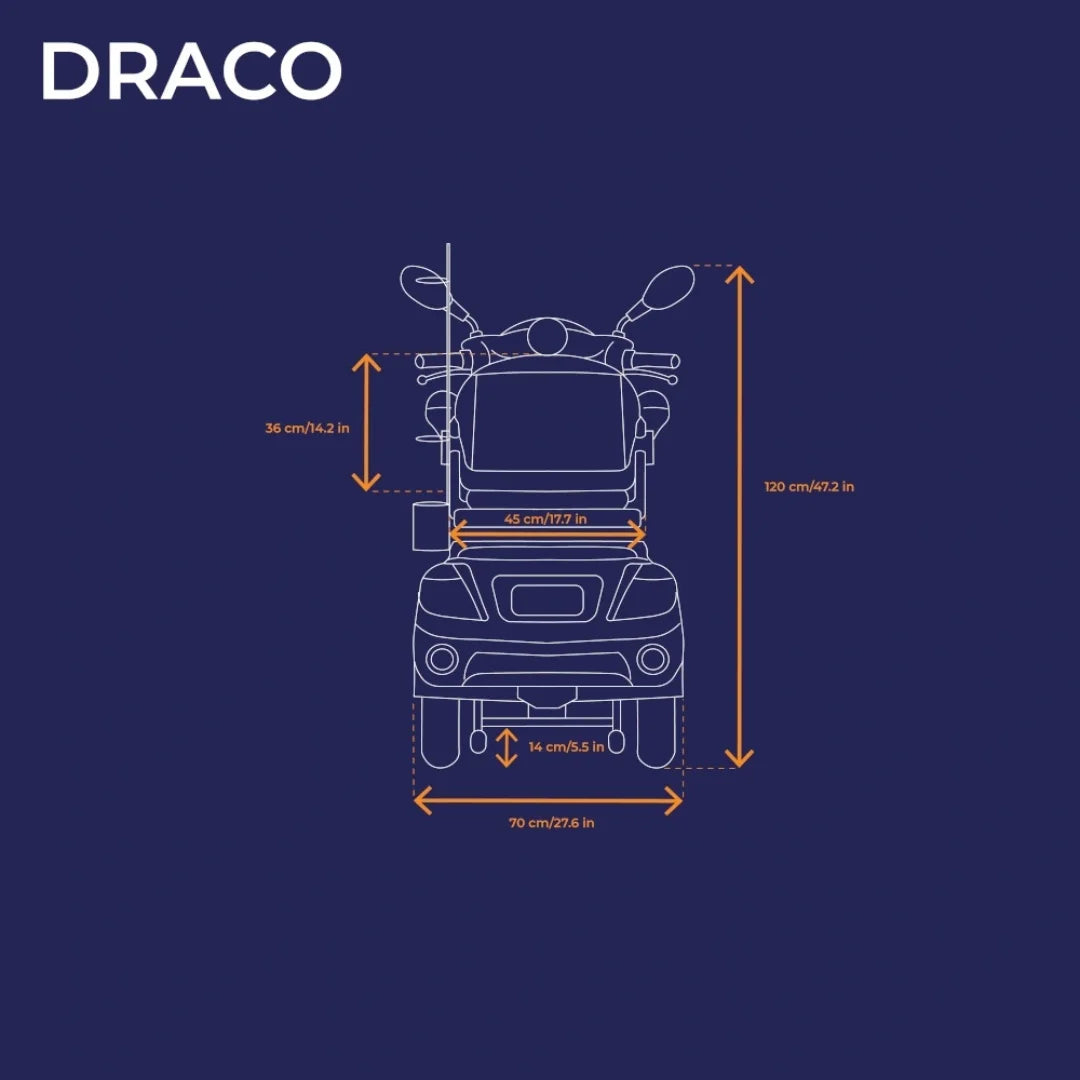 Izdelek na sliki je električni skuter, model Veleco Draco. Na sliki so prikazane dimenzije skuterja, ki vključujejo višino, širino in dolžino, kar omogoča lažjo predstavo o velikosti in oblikovanju vozila. Skuter je zasnovan za udobno vožnjo in mobilnost.