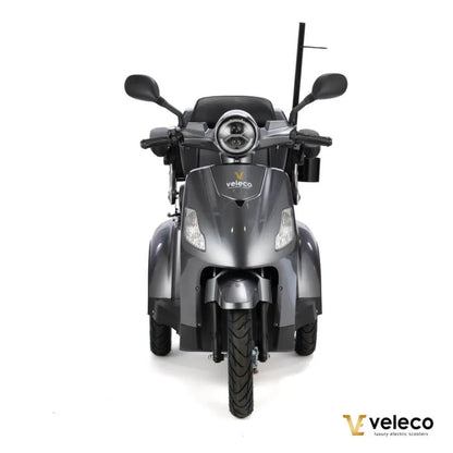 Sprednji pogled električnega mobilnega vozička Veleco Draco v elegantni sivi izvedbi.