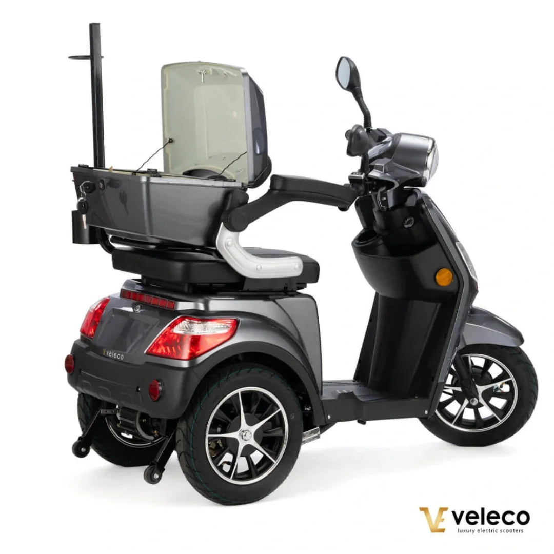 Eleganten električni mobilni voziček Veleco Draco s prostornim predalom za shranjevanje.