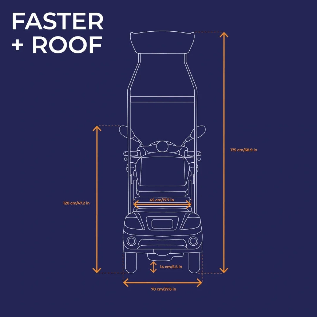 Izdelek na sliki je električni skuter, model Veleco Faster. Na sliki so prikazane dimenzije skuterja, vključno z višino, širino in dolžino. Skuter ima tudi streho, kar nakazuje na dodatno zaščito med vožnjo. Celoten dizajn je zasnovan za udobno in varno vožnjo.