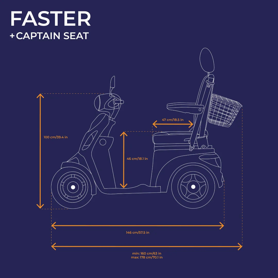Izdelek je električni skuter, model Veleco Faster, ki je zasnovan za udobno vožnjo. Na sliki so prikazane dimenzije skuterja, vključno z višino, širino in dolžino, ter detajli, kot je sedež tipa "captain" in sprednji koš za shranjevanje. Skuter je primeren za uporabnike različnih višinskih razredov.