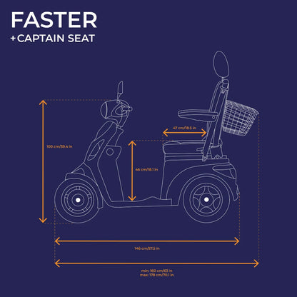 Izdelek je električni skuter, model Veleco Faster, ki je zasnovan za udobno vožnjo. Na sliki so prikazane dimenzije skuterja, vključno z višino, širino in dolžino, ter detajli, kot je sedež tipa "captain" in sprednji koš za shranjevanje. Skuter je primeren za uporabnike različnih višinskih razredov.