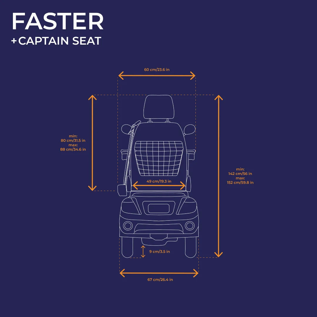 Izdelek je električni skuter, znamke Veleco, model Faster. Na sliki so prikazane dimenzije skuterja, vključno z višino, širino in dolžino. Vidna je tudi zasnova sedeža, ki je označen kot "Captain Seat". Celotna slika je v modrem ozadju z belimi in oranžnimi oznakami za dimenzije.