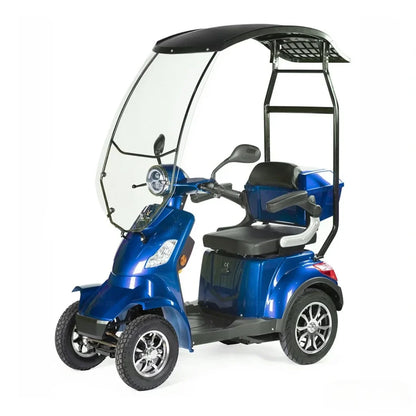 Izdelek je električni skuter, znamke Veleco, model Faster. Na sliki je prikazan modri električni skuter s tremi kolesi, ki ima zaščitno streho in vetrobransko steklo. Skuter je opremljen z udobnimi sedeži in prostornim prtljažnikom, kar ga naredi primernega za udobno vožnjo.