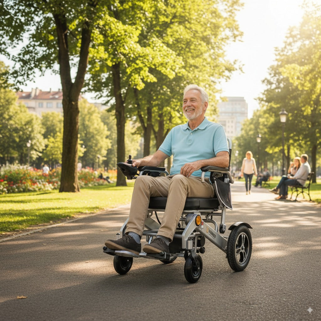 Izdelek na sliki je električni invalidski voziček, model Veleco Cosmo. Na sliki vidimo starejšega moškega, ki se vozi po parku, obdanem z zelenjem in drevesi. Voziček ima udobno sedežno površino ter krmiljenje z ročnim upravljanjem, kar omogoča enostavno premikanje. Ozadje prikazuje sončen dan, kar ustvarja prijetno vzdušje.