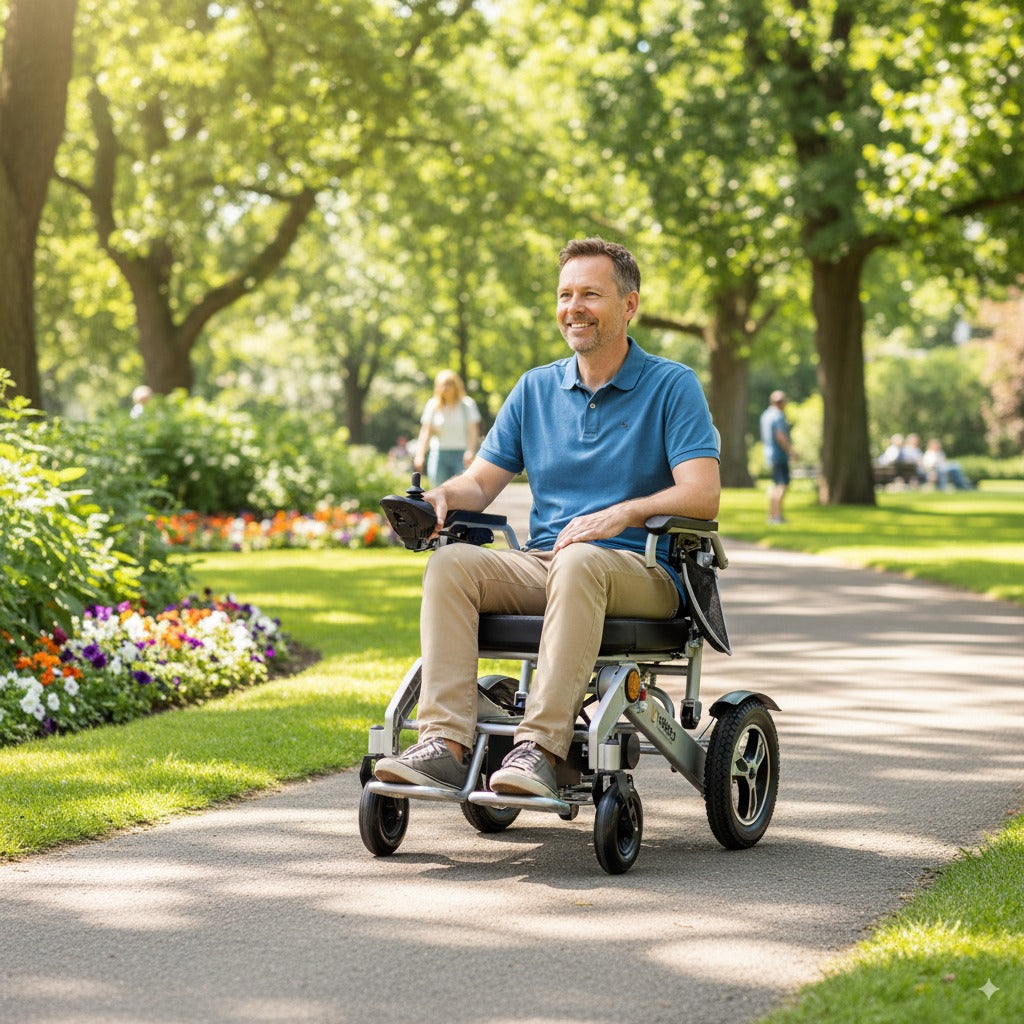 Izdelek na sliki je električni invalidski voziček, model Veleco Cosmo. Na sliki vidimo moškega, ki se vozi po parkovni poti, obdanem z zelenjem in cvetjem. Voziček je zasnovan za udobno in enostavno premikanje, kar omogoča uporabniku, da uživa v naravi. Moški se smeška in izgleda zadovoljno, kar nakazuje na udobnost in funkcionalnost vozička.