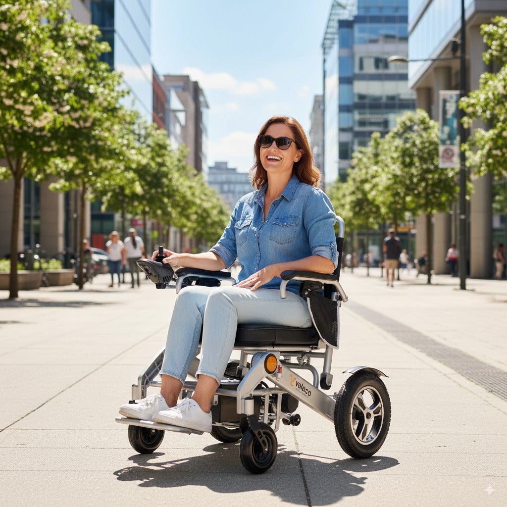 Izdelek je električni invalidski voziček, znamke Veleco, model Cosmo. Na sliki je vidna ženska, ki se smeška in sedi v vozičku na urbanem sprehajališču, obdana z drevesi in sodobnimi stavbami. Voziček je opremljen s kontrolno enoto in ima udobno sedežno površino, kar omogoča enostavno premikanje po mestu.