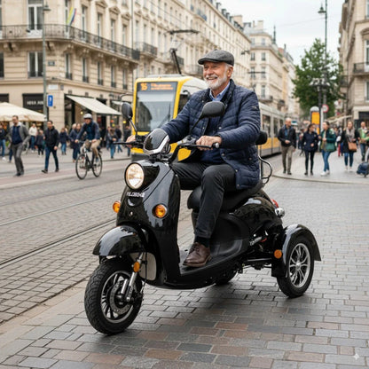 Izdelek na sliki je električni mobilni voziček, model Veleco ZT63. Na sliki je videti starejši moški, ki se vozi po mestni ulici na črnem vozičku. Okoli njega so pešci in mestna arhitektura, kar ustvarja živahno urbano vzdušje. Voziček ima tri kolesa, kar omogoča stabilno vožnjo.