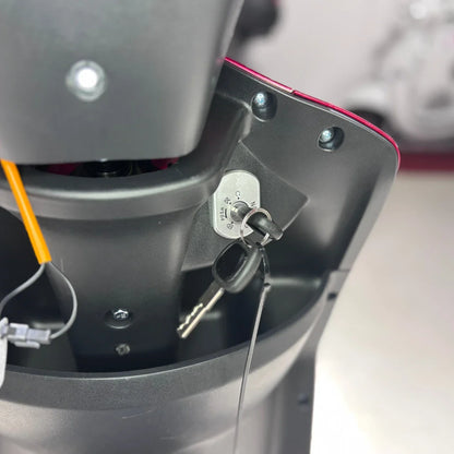 Izdelek je električni skuter s tremi kolesi, model Vigorous Vista 1. Na sliki je prikazan del skuterja, kjer je ključavnica, v katero je vstavljen ključ. Vidna je tudi struktura skuterja, ki je zasnovana za enostavno upravljanje in stabilnost.