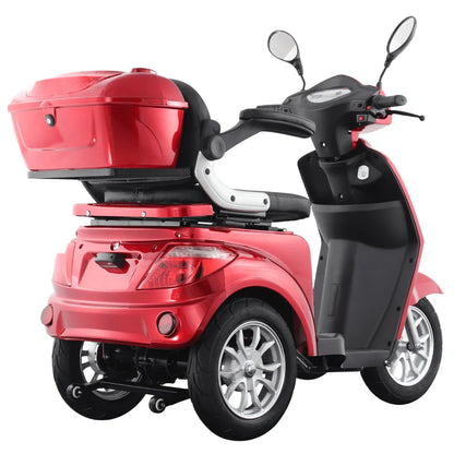 Izdelek je električni skuter s tremi kolesi, znamka in model pa sta Vigorous Vista 1. Na sliki je prikazan rdeč skuter z udobnim sedežem in prtljažnikom na zadnjem delu, kar omogoča prevoz osebnih stvari. Vidne so tudi zadnje luči in ogledala, kar nakazuje na funkcionalnost in varnost pri vožnji.