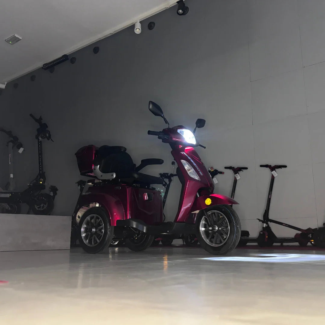 Izdelek na sliki je električni skuter s tremi kolesi, model Vigorous Vista 1. Ima značilno rdečo barvo in je zasnovan za udobno vožnjo. Na sliki je vidna tudi svetilka spredaj, kar nakazuje, da je primeren za vožnjo tudi v slabših svetlobnih pogojih. V ozadju so vidni drugi električni skuterji, kar nakazuje, da gre za prostor, kjer se prodajajo ali razstavljajo električna vozila.