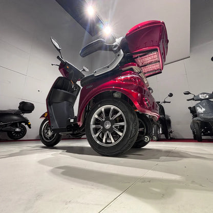 Na sliki je prikazan trikolni električni mobilnostni skuter, model Vigorous Vista 1. Skuter je v rdeči barvi in ima udobno sedežno mesto ter prostoren prtljažnik, ki je odprt. Vidni so tudi veliki kolesi s sodobnim dizajnom. V ozadju so še drugi podobni skuterji, kar nakazuje, da gre za razstavo ali prodajno mesto.