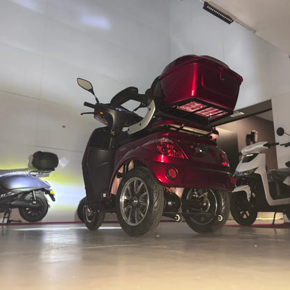 Izdelek na sliki je električni mobilni skuter, model Vigorous Vista 1. Ima tri kolesa, kar zagotavlja stabilnost, in je v rdeči barvi. Na zadnjem delu je vidna prtljažna torba, ki omogoča shranjevanje osebnih predmetov. Skuter je postavljen v notranjem prostoru, kjer so vidni tudi drugi podobni vozili.