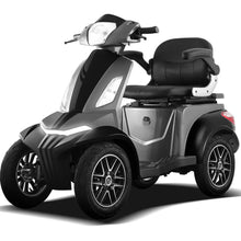 Izdelek na sliki je električni mobilni skuter s štirimi kolesi, model Vigorous Vista Q1. Skuter ima moderno obliko, opremljen je s širokim sedežem in krmilom, kar omogoča udobno vožnjo. Na sprednjem delu so vidne luči, ki prispevajo k boljši vidljivosti, medtem ko so kolesa zasnovana za stabilno vožnjo.