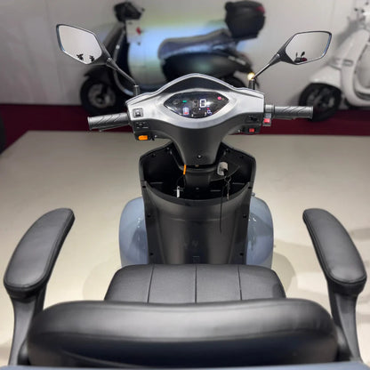 Izdelek je električni mobilni skuter, model Vigorous Vista Q1. Na sliki je prikazan pogled na krmilo, ki vključuje merilnike, stikala in ročice. Vidne so tudi udobne sedežne blazine in nasloni za roke, kar nakazuje na udobno vožnjo. V ozadju so vidni tudi drugi skuterji.