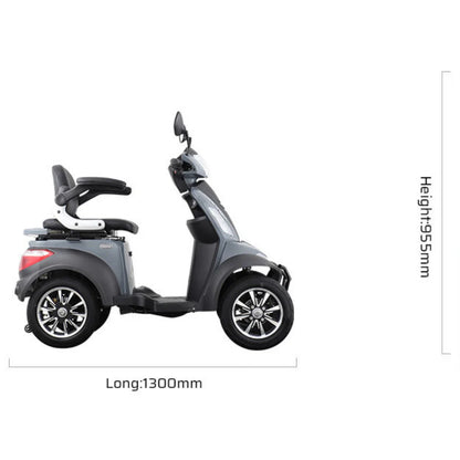 Izdelek je električni mobilni skuter, model Vigorous Vista Q1. Na sliki je prikazan skuter s štirimi kolesi, ki ima udoben sedež in ergonomsko oblikovan volan. Dimenzije skuterja so dolžina 1300 mm in višina 955 mm, kar nakazuje na stabilno in prostorno zasnovo. Barva skuterja je siva, kar mu daje sodoben videz.