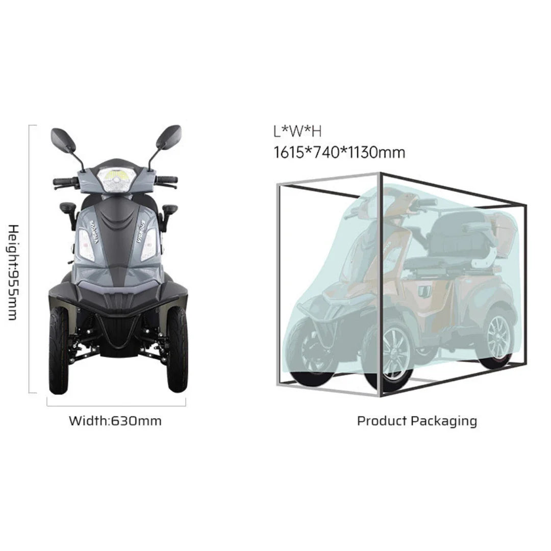 Izdelek je električni mobilnostni skuter, model Vigorous Vista Q1. Na sliki je prikazan sprednji del skuterja, ki ima dva sprednja kolesa, krmilo in svetlobne elemente. Desno od skuterja je prikazana embalaža, v kateri je izdelek dostavljen, z dimenzijami 1615 x 740 x 1130 mm. Skuter je zasnovan za udobno in enostavno vožnjo.