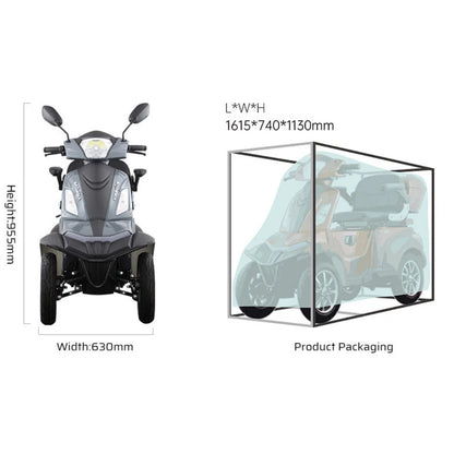 Izdelek je električni mobilnostni skuter, model Vigorous Vista Q1. Na sliki je prikazan sprednji del skuterja, ki ima dva sprednja kolesa, krmilo in svetlobne elemente. Desno od skuterja je prikazana embalaža, v kateri je izdelek dostavljen, z dimenzijami 1615 x 740 x 1130 mm. Skuter je zasnovan za udobno in enostavno vožnjo.