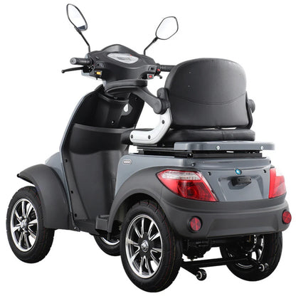 Izdelek na sliki je električni mobilni skuter, model Vigorous Vista Q1. Na sliki je prikazan skuter s štirimi kolesi, ki ima udoben sedež in krmilo. Opremljen je z ogledali in ima sodoben dizajn, kar ga naredi primernega za enostavno in varno vožnjo.