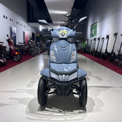 Izdelek na sliki je električni mobilni skuter, model Vigorous Vista Q1. Na sliki je prikazan sprednji del skuterja, ki ima moderno obliko, s svetlo središčem in dvema stranskima ogledaloma. V ozadju so vidni drugi električni skuterji in kolesa, kar nakazuje, da gre za prodajno mesto ali razstavo električnih vozil.