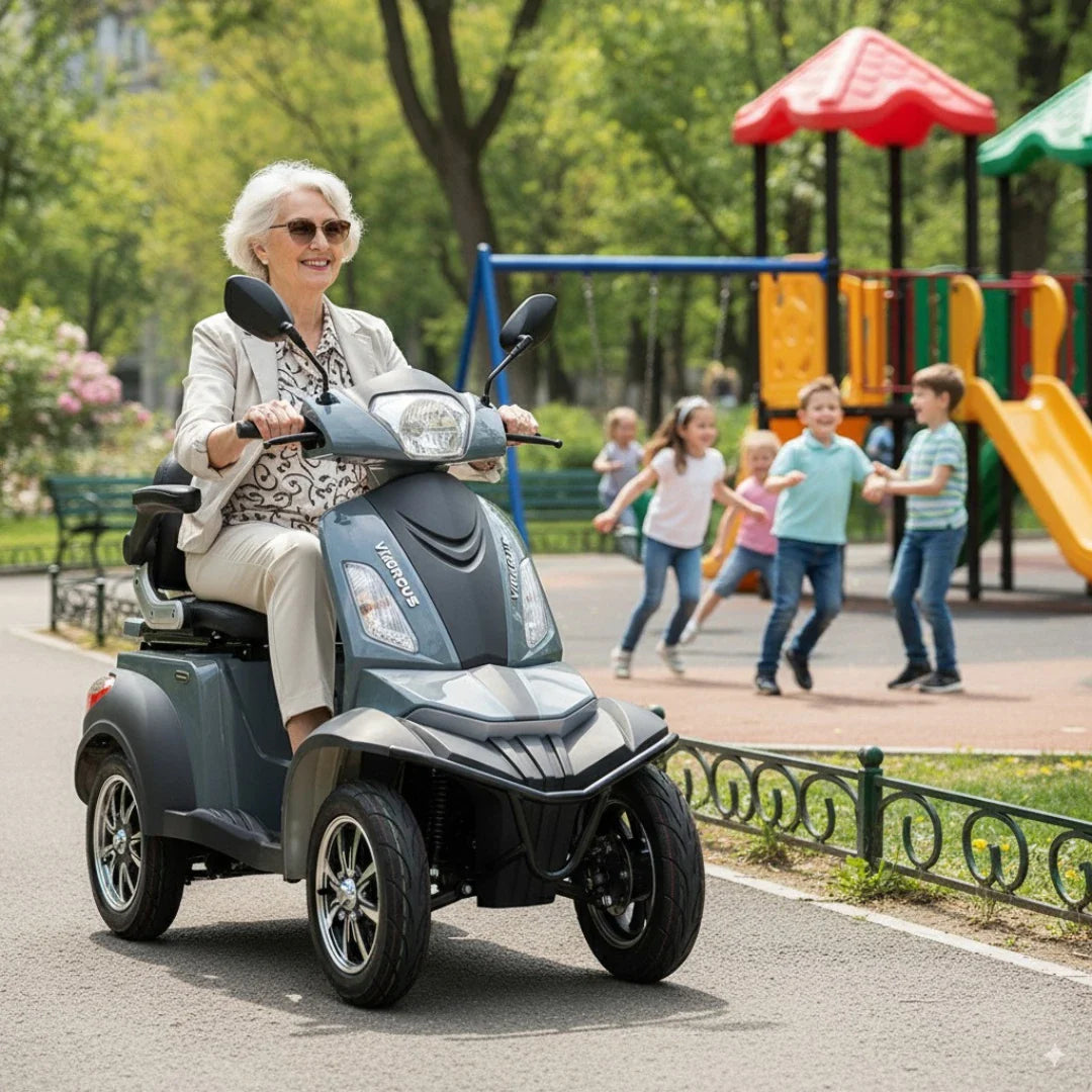 Izdelek na sliki je električni mobilni skuter, model Vigorous Vista Q1. Na sliki vidimo starejšo žensko, ki se vozi po parku na tem skuterju, ob njej pa se igrajo otroci. Skuter ima štiri kolesa, kar zagotavlja stabilnost, in je zasnovan za udobno vožnjo. V ozadju je otroško igrišče z različnimi igralnimi napravami.