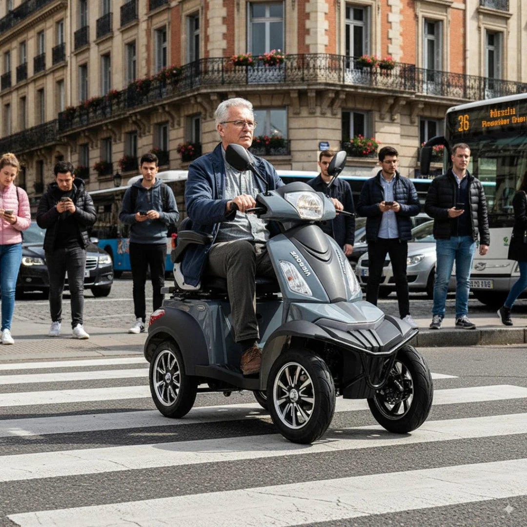 Izdelek na sliki je električni mobilni skuter z štirimi kolesi, model Vigorous Vista Q1. Na sliki vidimo starejšega moškega, ki vozi skuter po prehodu za pešce, medtem ko se v ozadju nahajajo pešci, ki uporabljajo mobilne telefone. Okolica je urbana, z zgradbami in prometom v ozadju.