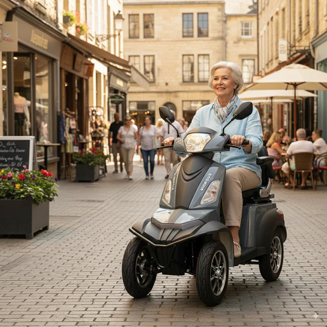 Izdelek na sliki je električni mobilni skuter, model Vigorous Vista Q1. Na sliki vidimo starejšo žensko, ki se vozi po ulici, obdani z zgodovinskimi stavbami in ljudmi, ki uživajo v kavarniških terasah. Skuter ima tri kolesa, kar zagotavlja stabilnost, in je zasnovan za udobno vožnjo.