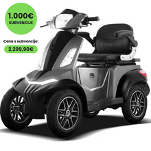 Izdelek na sliki je tri-kolesni električni mobilni skuter, model Vigorous Vista Q1. Skuter je zasnovan za udobno vožnjo, opremljen je s širokim sedežem in ima robustne pnevmatike. Na sliki so vidni tudi sprednji luči in nadzorni elementi, kar nakazuje na funkcionalnost in uporabnost za različne uporabnike. Na voljo je subvencija v višini 1.000 €, kar znižuje ceno na 2.299,90 €.