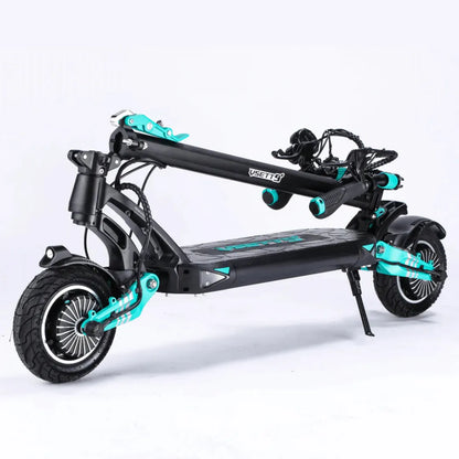 Zložen električni skiro Vsett 9 z elegantnim črno-modrozelenim dizajnom.