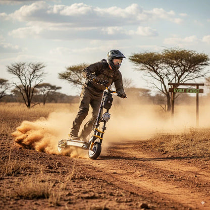 Izdelek je električni skiro, model Vsett 11 Super. Na sliki je prikazan uporabnik, ki vozi skiro po prašni poti v naravi, obdan z drevesi in s tablo v ozadju. Uporabnik nosi zaščitno čelado in oblačila, primerna za vožnjo, kar nakazuje na avanturističen slog vožnje. Prah se dviga okoli skiroja, kar poudarja moč in zmogljivost vozila.