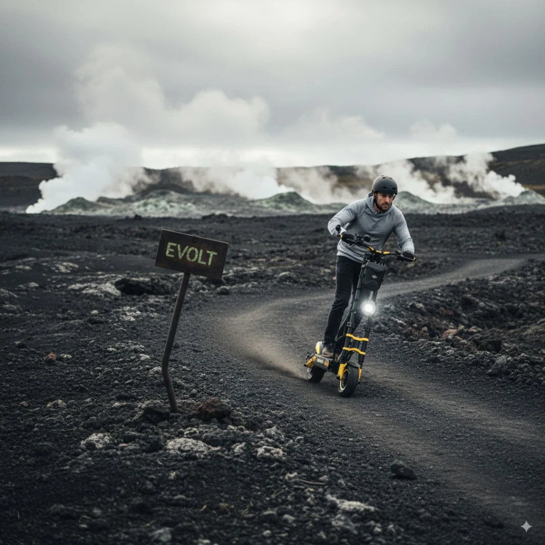 Izdelek je električni skiro znamke Vsett, model 11 Super. Na sliki je vidna oseba, ki vozi skiro po slikovitem terenu, obdanem z vulkanskimi kamni in dimniki. Oznaka "EVOLT" na znak ob poti dodaja zanimiv kontekst okolju. Oseba nosi čelado in udobna oblačila, kar nakazuje na aktivno uporabo skiroja v naravi.