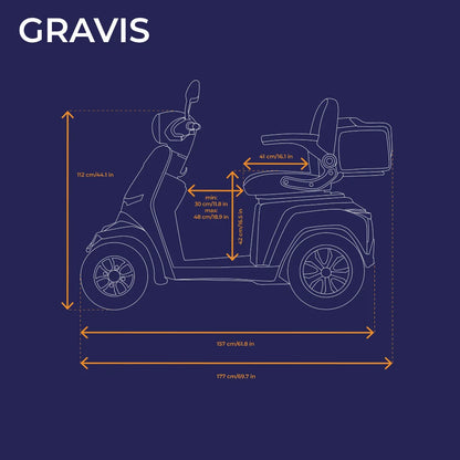 Diagram električnega mobilnega vozička Veleco Gravis z dimenzijami in značilnostmi.