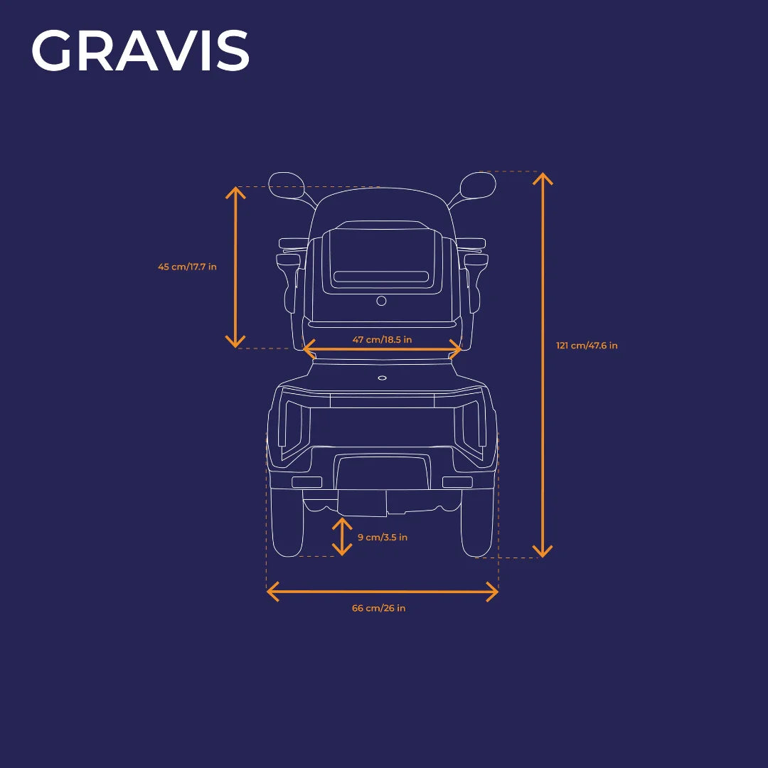 Diagram prikazuje dimenzije električnega mobilnega vozička Veleco Gravis z oznakami.