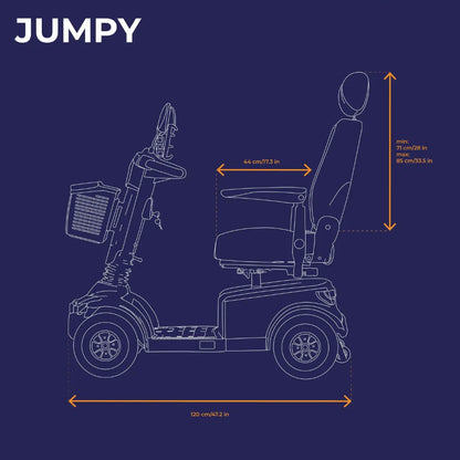 Ilustracija električnega mobilnega vozička Veleco Jumpy z označenimi dimenzijami.