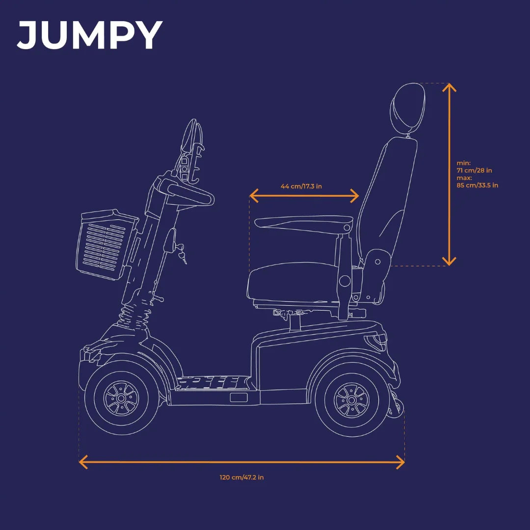 Izdelek je električni skuter, model Jumpy, znamke Veleco. Na sliki je prikazana stranska zasnova skuterja, ki vključuje sedež z naslonjalom, ročaje in prednji del z kolesi. Vidne so tudi dimenzije skuterja, ki so označene z merami za širino in višino. Skuter je zasnovan za udobno vožnjo, kar je pomembno za uporabnike, ki potrebujejo mobilnostno pomoč.