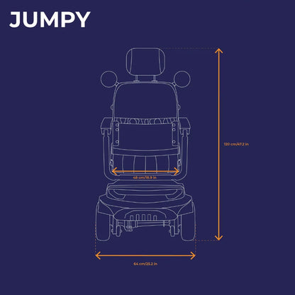 Načrt električnega mobilnega vozička Veleco Jumpy z označenimi dimenzijami.