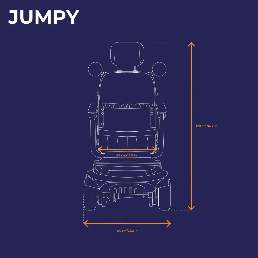 Izdelek je električni skuter, natančneje model "JUMPY" znamke Veleco. Na sliki je prikazana zasnova skuterja z merami, ki vključujejo višino 120 cm, širino 64 cm in globino 48 cm. Zasnova vključuje sedež z naslonjalom in stranskimi ročaji, kar nakazuje na udobno uporabo.