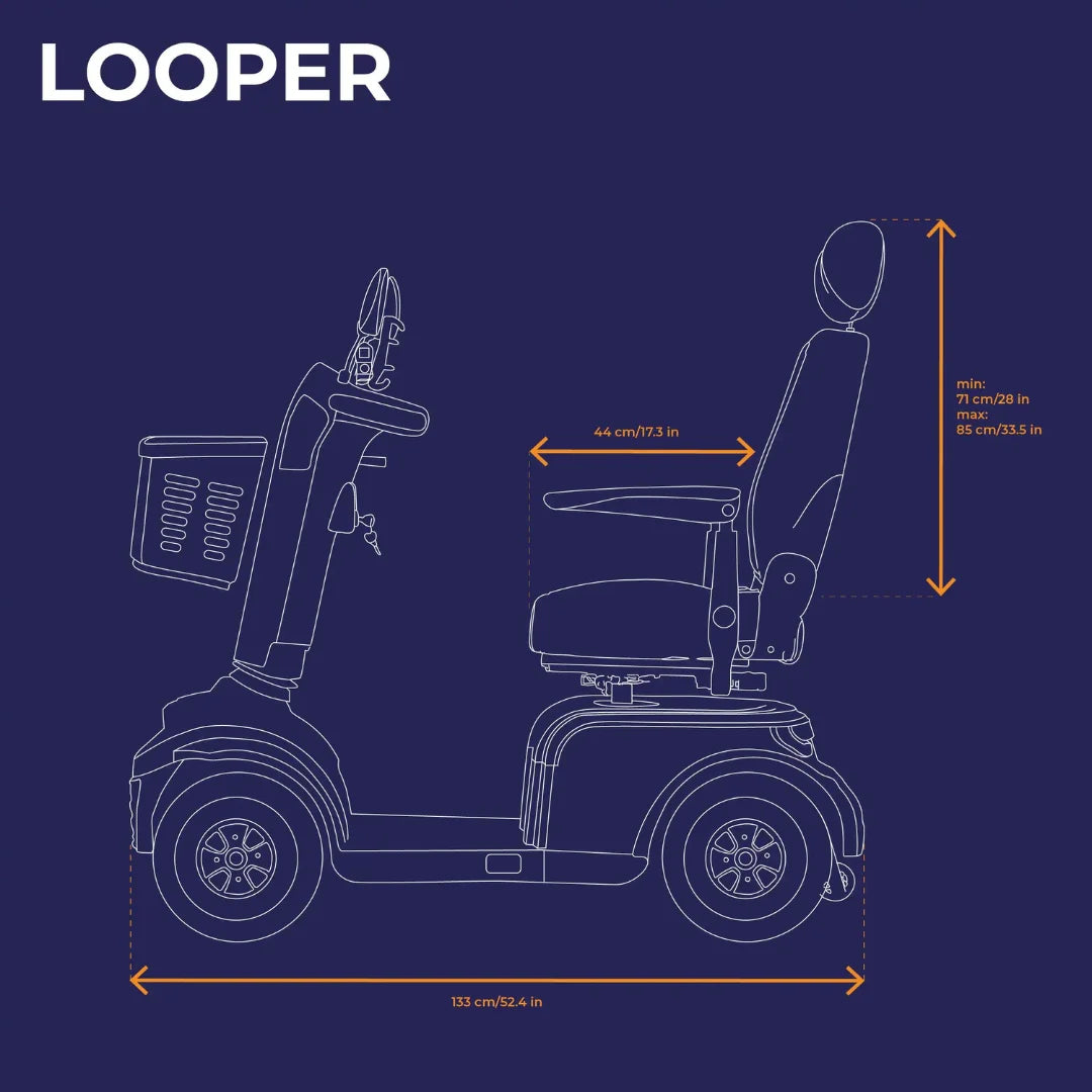 Izdelek na sliki je električni skuter, model Looper, znamke Veleco. Na sliki je prikazana stranska zasnova skuterja, ki vključuje sedež z naslonjalom, krmilo ter košarico spredaj. Prikazane so tudi dimenzije skuterja, kar daje občutek o njegovi velikosti in ergonomiji.