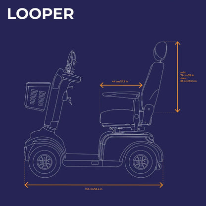 Izdelek na sliki je električni skuter, model Looper, znamke Veleco. Na sliki je prikazana stranska zasnova skuterja, ki vključuje sedež z naslonjalom, krmilo ter košarico spredaj. Prikazane so tudi dimenzije skuterja, kar daje občutek o njegovi velikosti in ergonomiji.