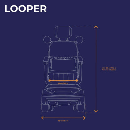Izdelek je električni skuter, znamke Veleco, model Looper. Na sliki je prikazana tehnična risba skuterja s poudarkom na dimenzijah, ki vključujejo širino, višino in dolžino. Vidne so tudi podrobnosti o obliki sedeža in naslonjala, kar nakazuje na udobno uporabo.